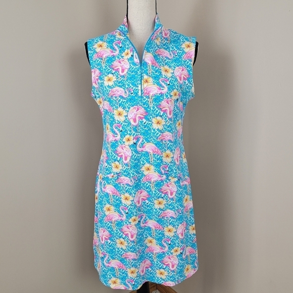 IBKUL Pink Flamingo/Floral Print Mock Neck Zip Sleeveless Golf Dress Sz M - Picture 2 of 14